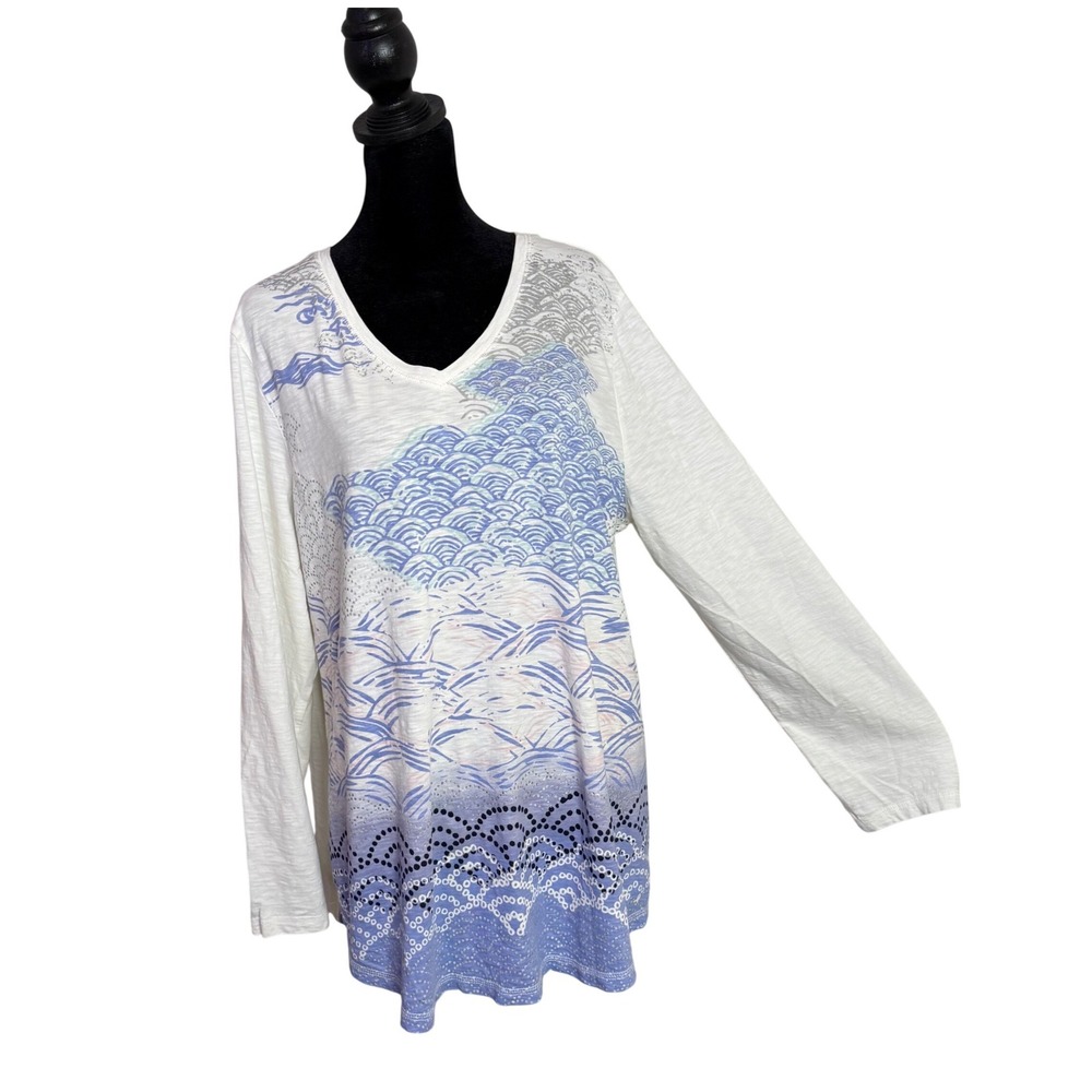 Weekends by Chico's Slub Knit Top Size XL Japanese Wave Artsy Nautical Coastal